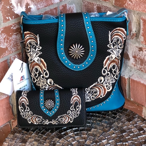 American Bling Concealed Carry Crossbody Purse & Wallet Set - Western Patchwork Design, Medium Size, Coffee Color - View #11
